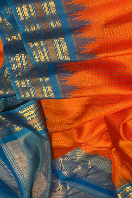 Orange Gadwal Handloom Pure Silk Saree - Luxurion World