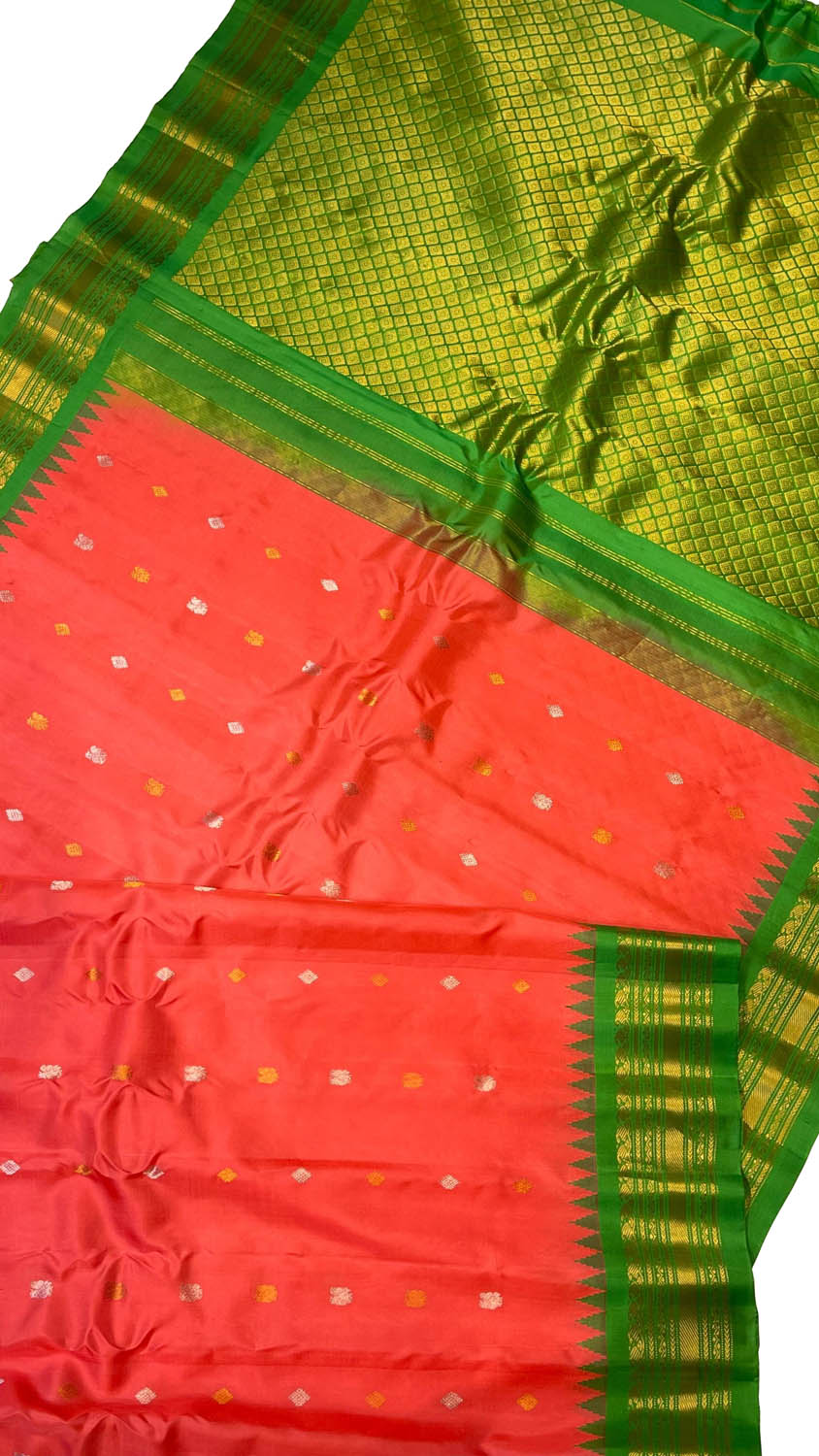 Orange Gadwal Handloom Pure Silk Saree - Luxurion World