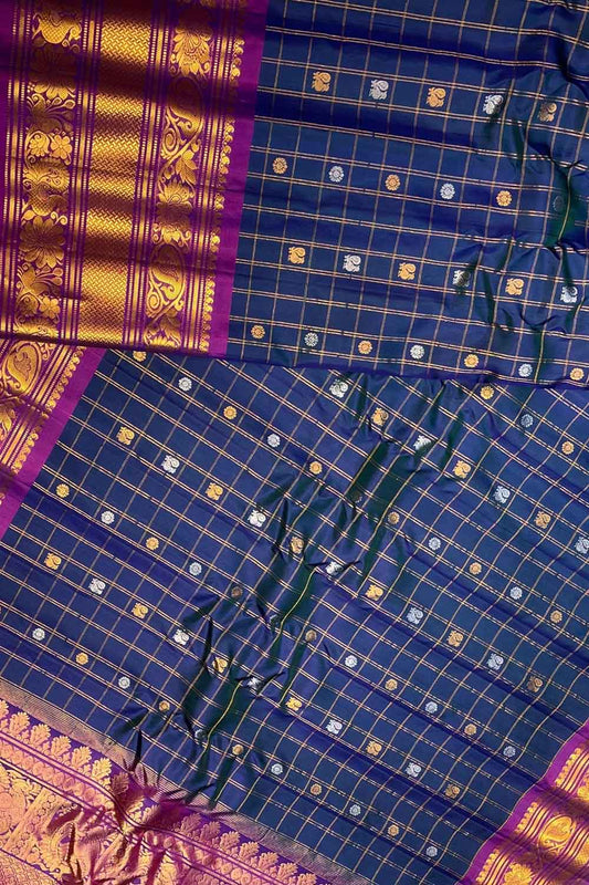 Exquisite Blue Gadwal Handloom Pure Silk Saree: Timeless Elegance - Luxurion World