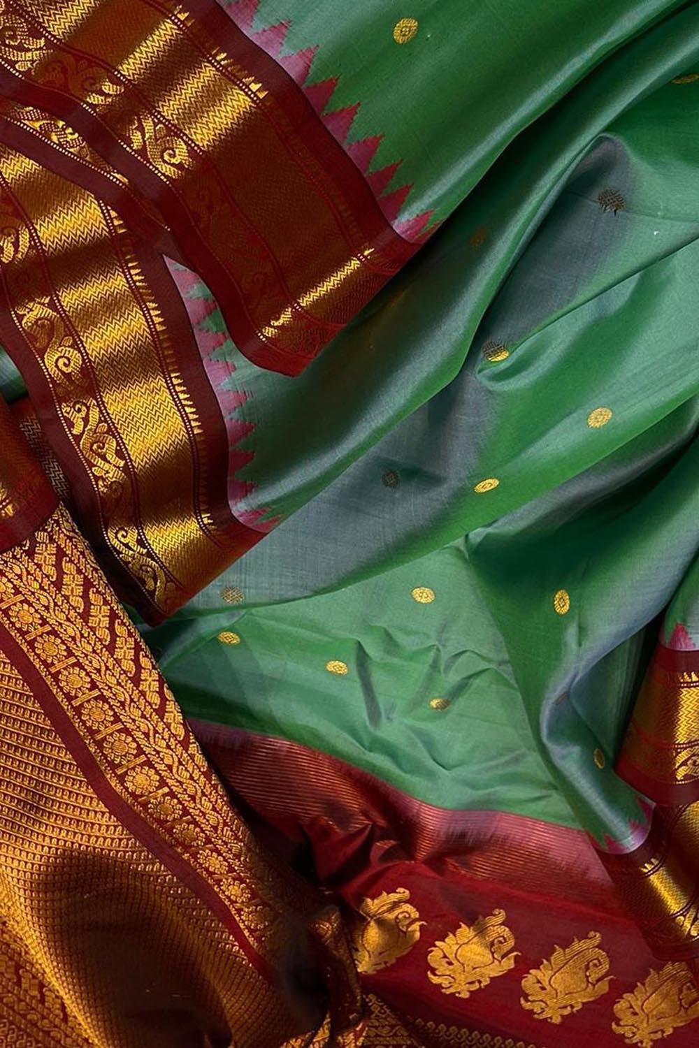 Green Gadwal Handloom Pure Silk Saree - Luxurion World