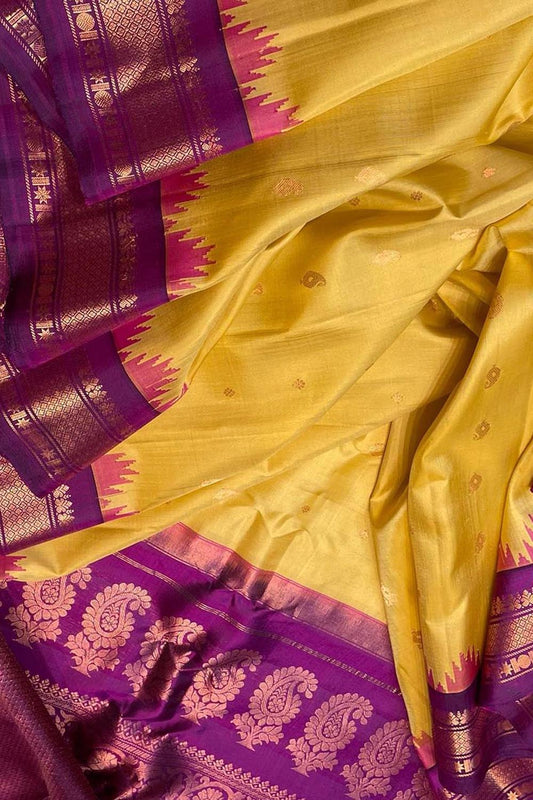 Yellow Gadwal Handloom Pure Silk Saree - Luxurion World