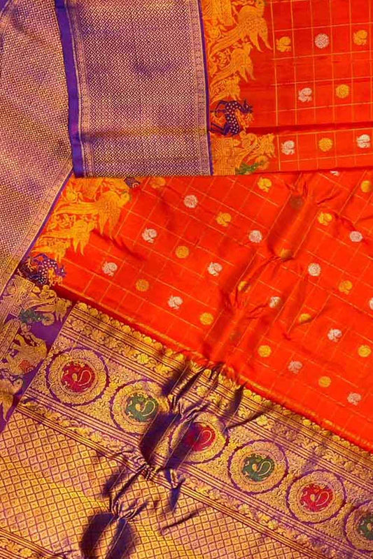 Exquisite Orange Gadwal Handloom Pure Silk Saree: A Timeless Classic - Luxurion World
