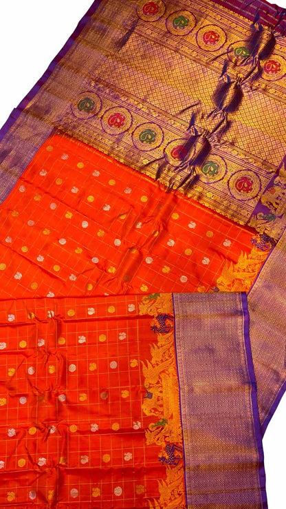Exquisite Orange Gadwal Handloom Pure Silk Saree: A Timeless Classic - Luxurion World