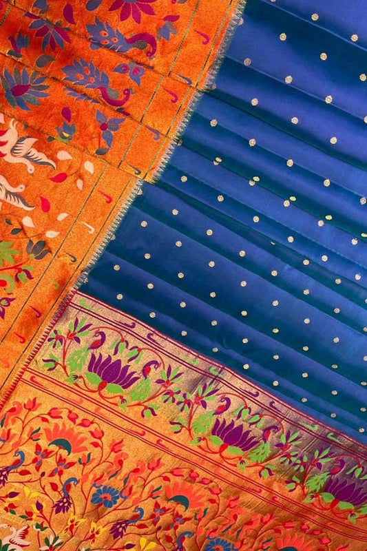 Exquisite Blue Gadwal Paithani Handloom Silk Saree: Timeless Elegance - Luxurion World