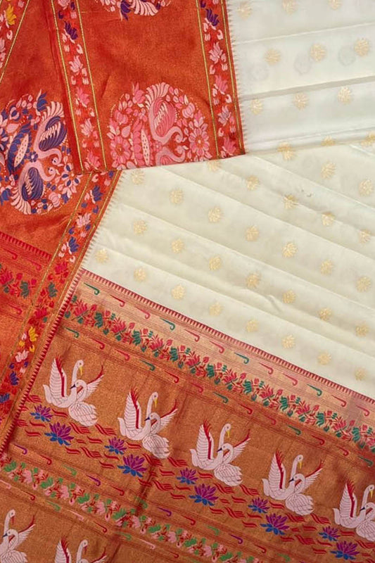 Exquisite Off White Gadwal Paithani Handloom Silk Saree - Luxurion World