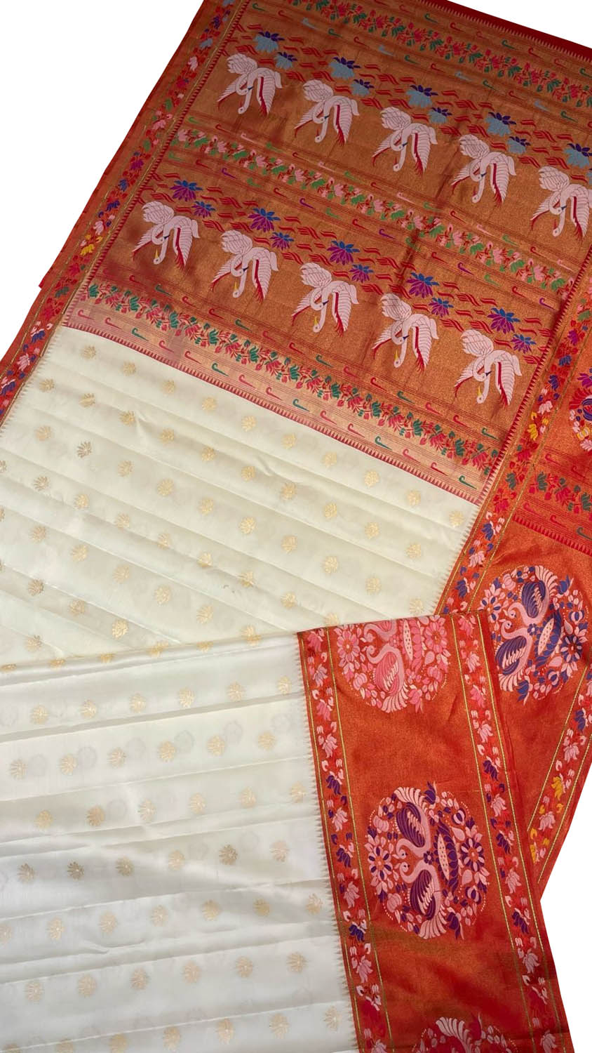Exquisite Off White Gadwal Paithani Handloom Silk Saree - Luxurion World