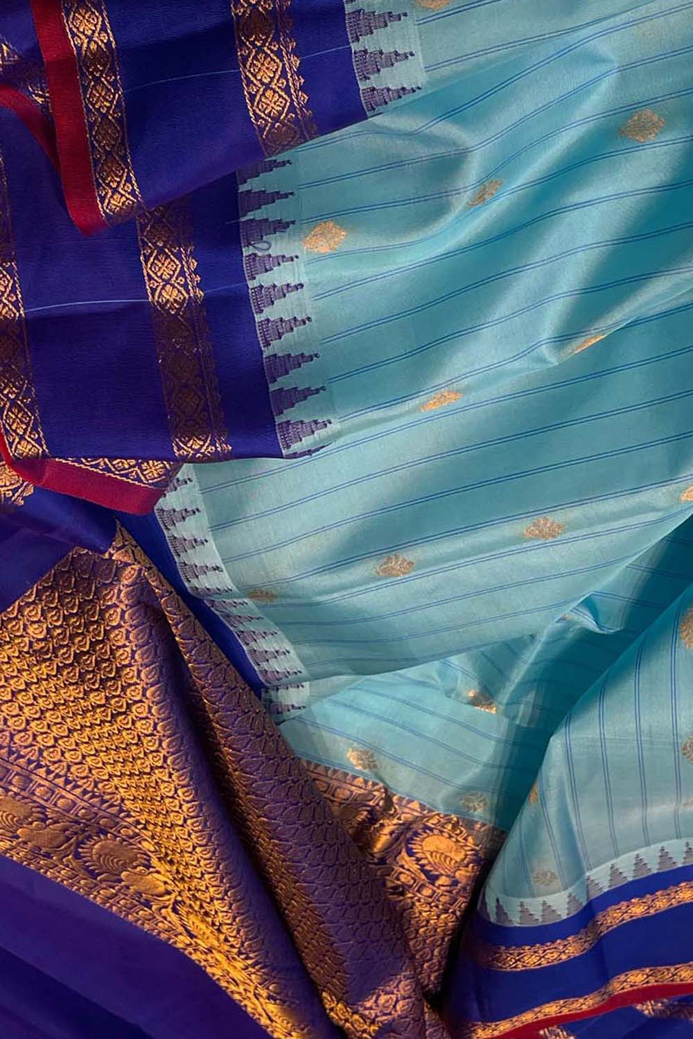 Blue Gadwal Silk Saree with Temple Border - Luxurion World