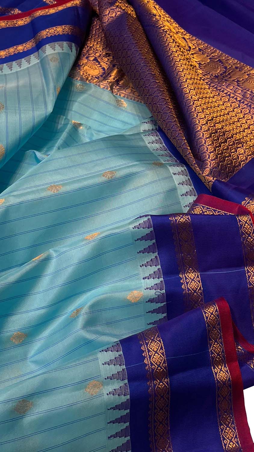 Blue Gadwal Silk Saree with Temple Border - Luxurion World