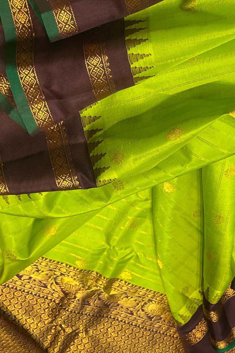 Green Gadwal Handloom Silk Saree with Temple Border - Luxurion World