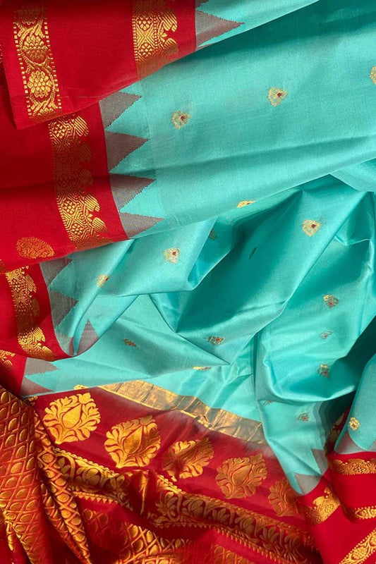 Blue Gadwal Handloom Silk Saree with Temple Border