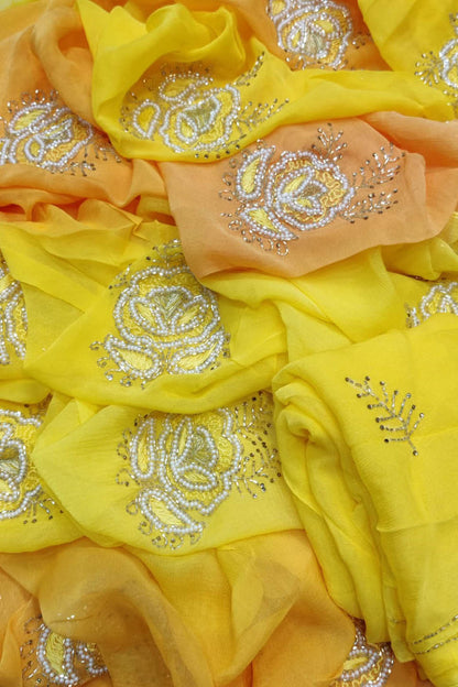 Yellow and Orange Chiffon Saree with Pearl and Cut Dana Work - Elegant Occasion Wear - Luxurion World