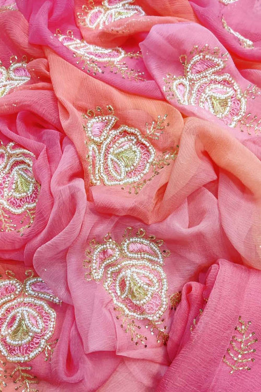 Pearl & Cut Dana Embellished Pink & Orange Chiffon Saree - Professional Wear