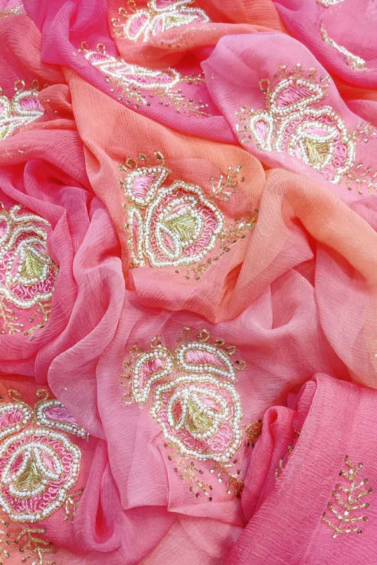 Pearl & Cut Dana Embellished Pink & Orange Chiffon Saree - Professional Wear - Luxurion World