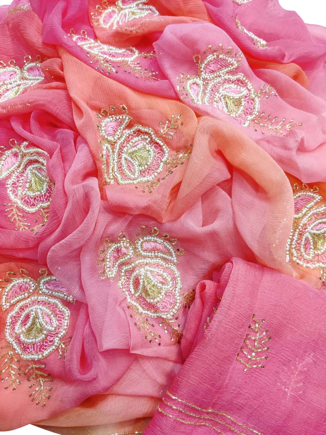 Pearl & Cut Dana Embellished Pink & Orange Chiffon Saree - Professional Wear - Luxurion World