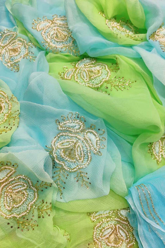 Chic Cut Dana Work Saree in Blue and Green Pearl Chiffon - Ethnic Elegance - Luxurion World