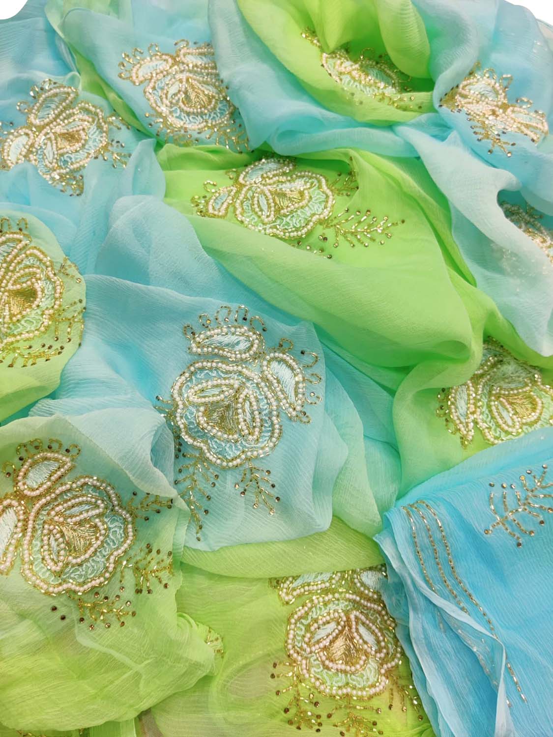 Chic Cut Dana Work Saree in Blue and Green Pearl Chiffon - Ethnic Elegance - Luxurion World