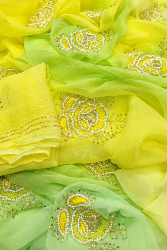 Yellow and Green Pearl Chiffon Saree - Cut Dana Work Ethnic Wear - Luxurion World