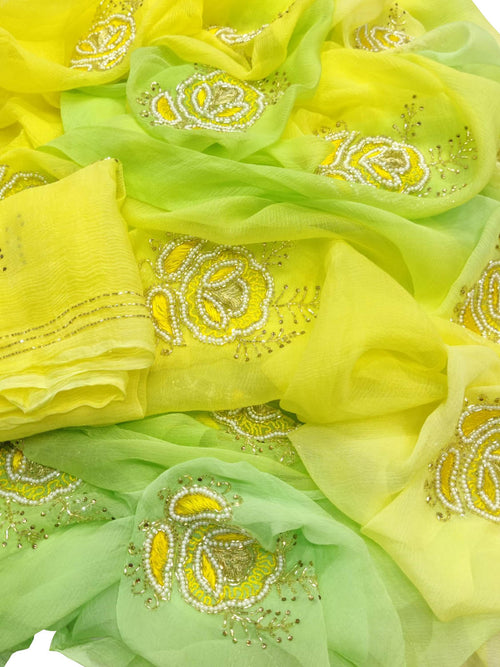 Yellow and Green Pearl Chiffon Saree - Cut Dana Work Ethnic Wear - Luxurion World