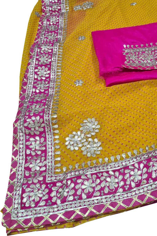 Stunning Yellow and Pink Gota Patti Georgette Saree for a Chic Look
