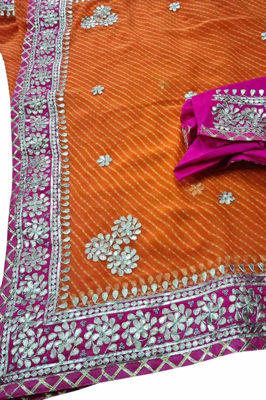 Stunning Orange and Pink Gota Patti Georgette Saree for a Vibrant Look