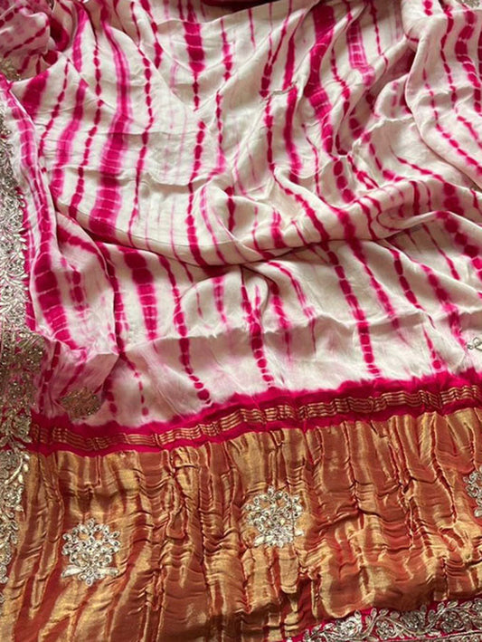 Off White And Pink Hand Gota Patti And Zarkan Work Pure Gajji Silk Shibori Saree - Luxurion World