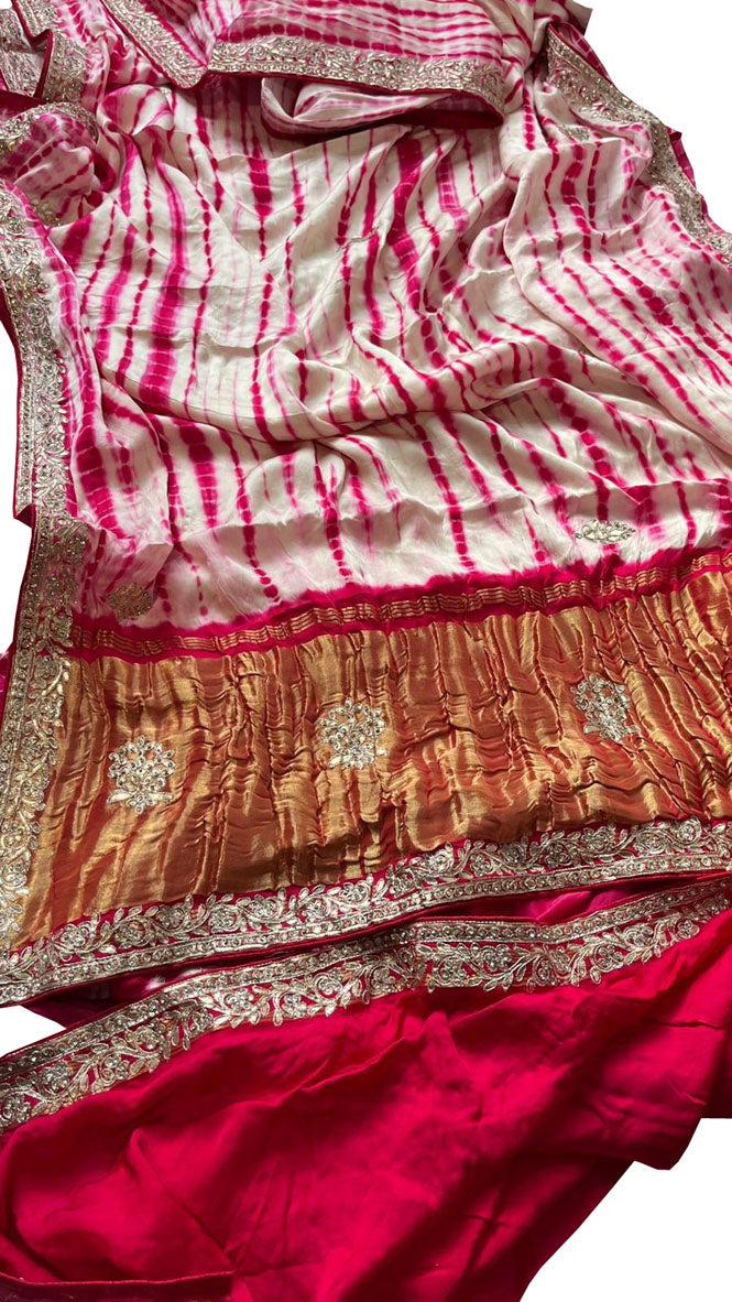 Off White And Pink Hand Gota Patti And Zarkan Work Pure Gajji Silk Shibori Saree - Luxurion World