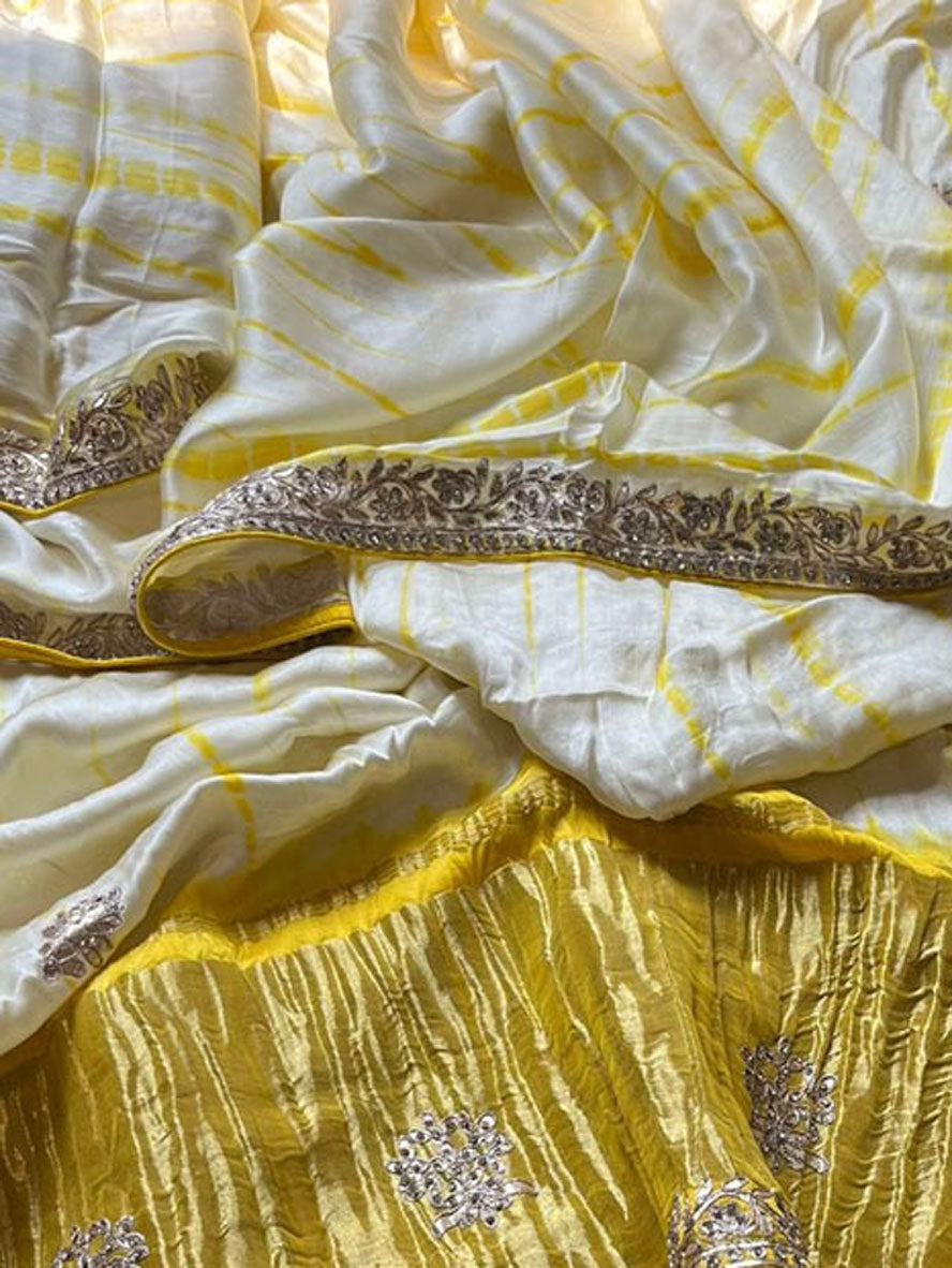 Off White And Yellow Hand Gota Patti And Zarkan Work Pure Gajji Silk Shibori Saree - Luxurion World