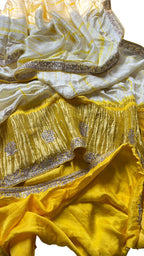 Off White And Yellow Hand Gota Patti And Zarkan Work Pure Gajji Silk Shibori Saree - Luxurion World