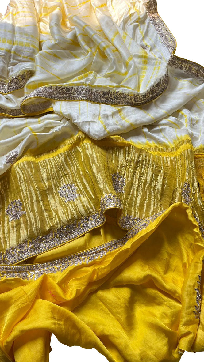 Off White And Yellow Hand Gota Patti And Zarkan Work Pure Gajji Silk Shibori Saree - Luxurion World
