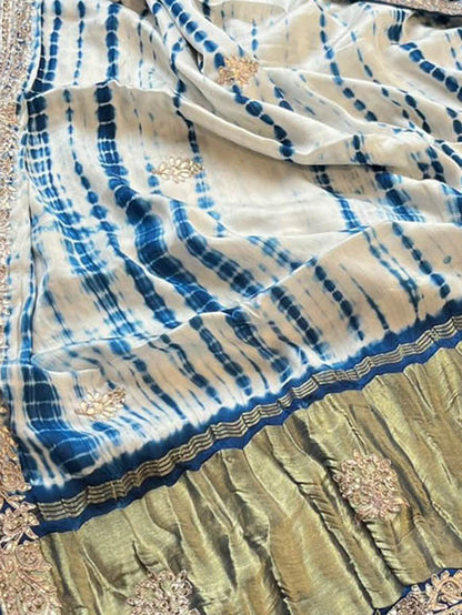 Off White And Blue Hand Gota Patti And Zarkan Work Pure Gajji Silk Shibori Saree - Luxurion World