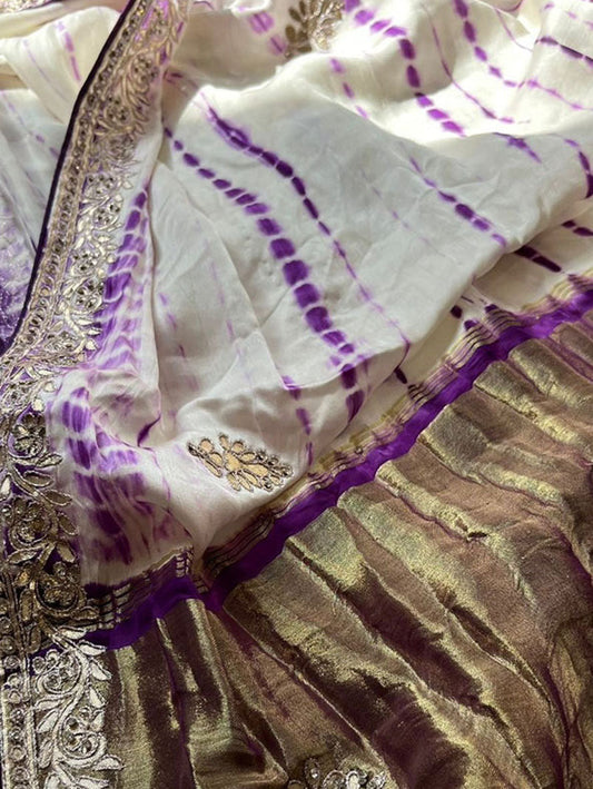 Off White And Purple Hand Gota Patti And Zarkan Work Pure Gajji Silk Shibori Saree - Luxurion World