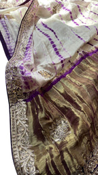 Off White And Purple Hand Gota Patti And Zarkan Work Pure Gajji Silk Shibori Saree - Luxurion World