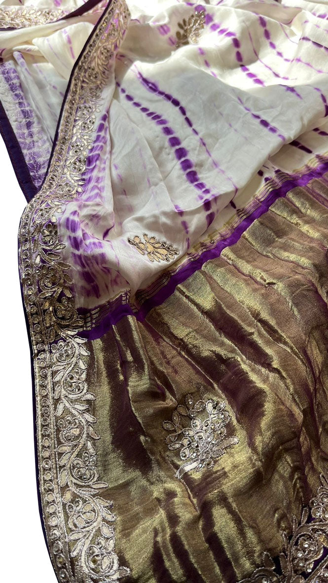 Off White And Purple Hand Gota Patti And Zarkan Work Pure Gajji Silk Shibori Saree - Luxurion World