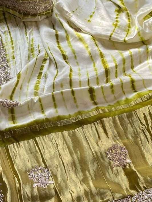 Off White And Green Hand Gota Patti And Zarkan Work Pure Gajji Silk Shibori Saree - Luxurion World
