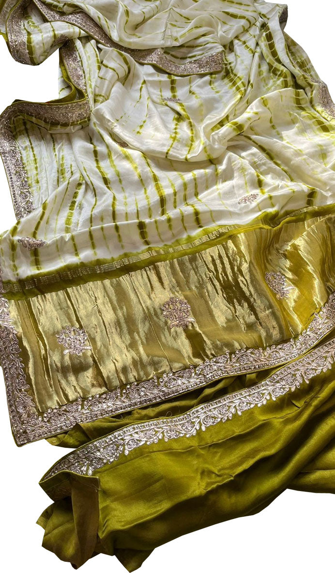 Off White And Green Hand Gota Patti And Zarkan Work Pure Gajji Silk Shibori Saree - Luxurion World