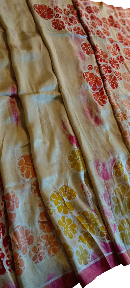 Pastel Batik Hand Painted Mulberry Silk Floral Design Saree - Luxurion World