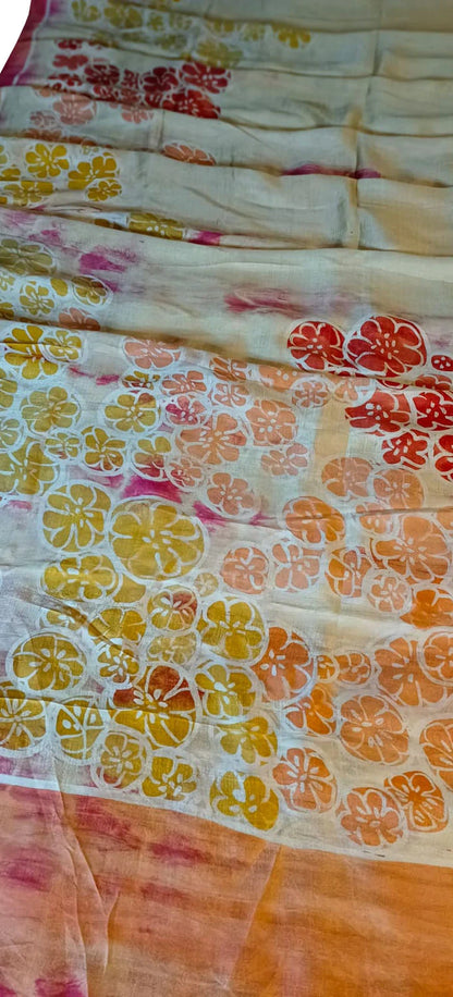 Pastel Batik Hand Painted Mulberry Silk Floral Design Saree - Luxurion World