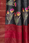 Black Hand Block Printed Tussar Silk Saree - Luxurion World