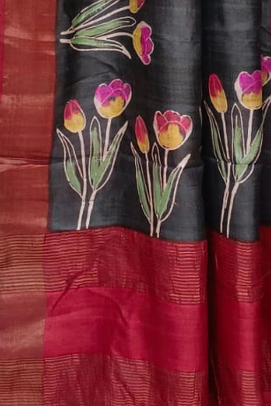 Black Hand Block Printed Tussar Silk Saree - Luxurion World