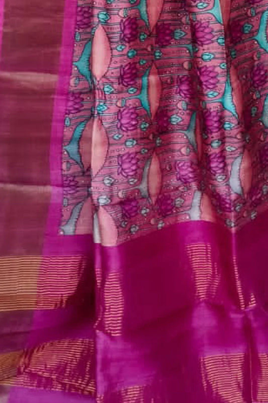 Pink Hand Block Printed Tussar Silk Saree