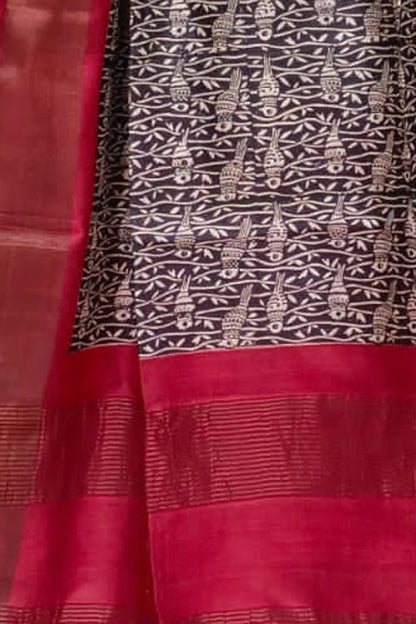 Brown Hand Block Printed Tussar Silk Saree