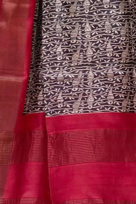 Brown Hand Block Printed Tussar Silk Saree - Luxurion World