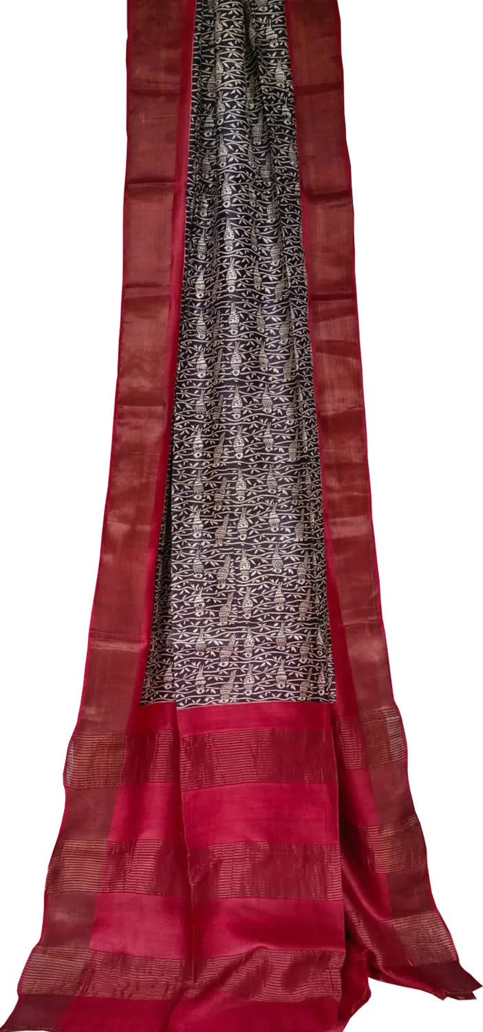 Brown Hand Block Printed Tussar Silk Saree - Luxurion World