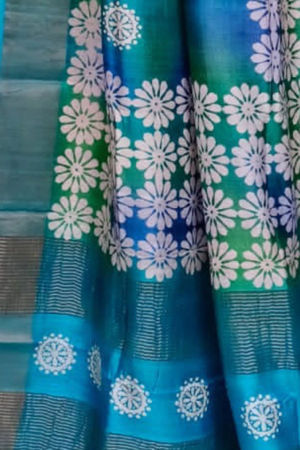 Multicolor Hand Block Printed Tussar Silk Saree