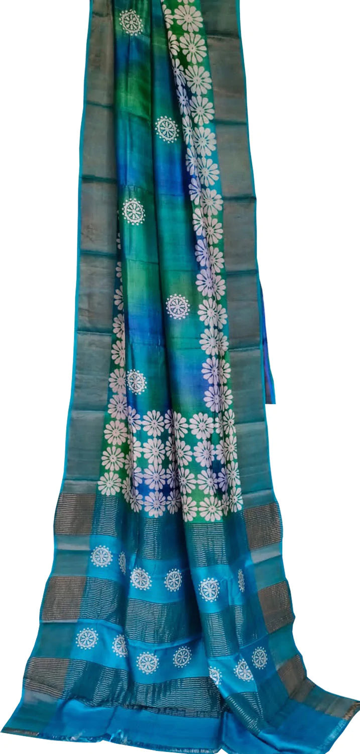 Multicolor Hand Block Printed Tussar Silk Saree