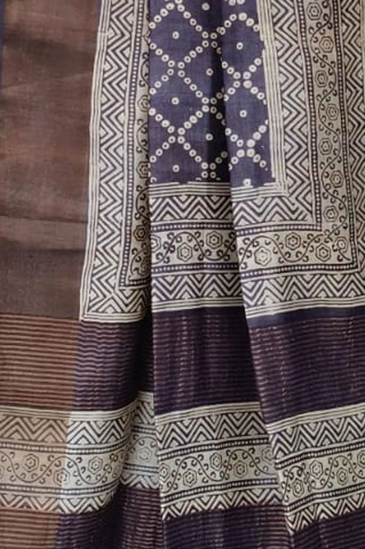 Blue Hand Block Printed Tussar Silk Saree - Luxurion World