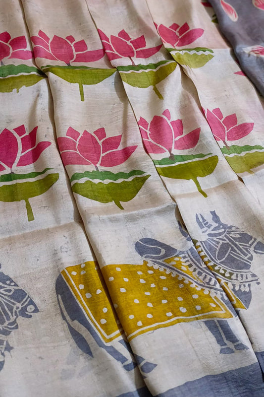 Pastel Batik  Hand Painted Pichhwai Mulberry Silk Saree - Luxurion World