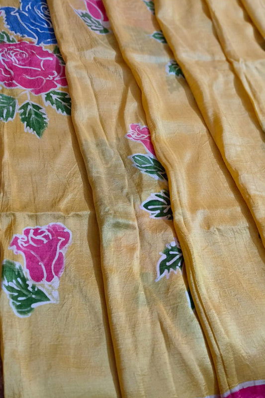 Yellow Batik Hand Painted Mulberry Silk Saree - Luxurion World