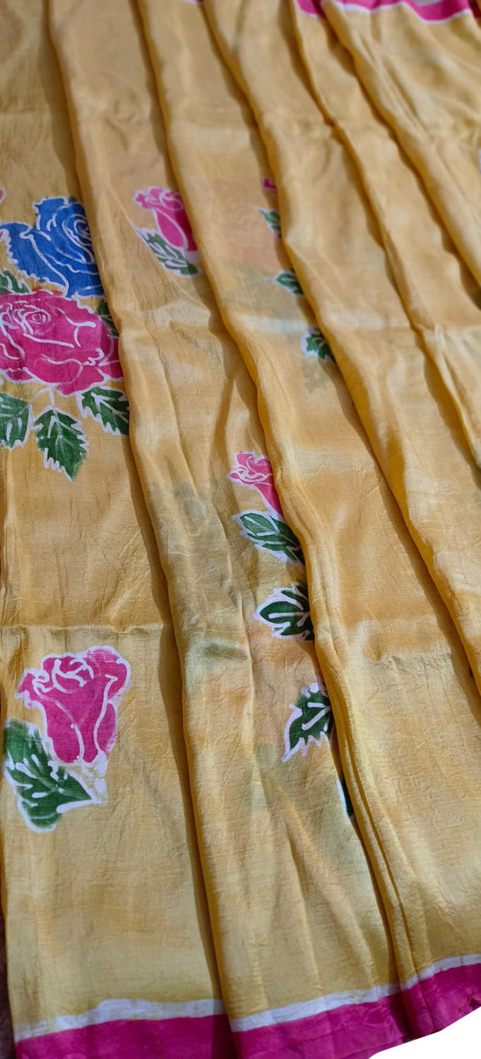 Yellow Batik Hand Painted Mulberry Silk Saree - Luxurion World