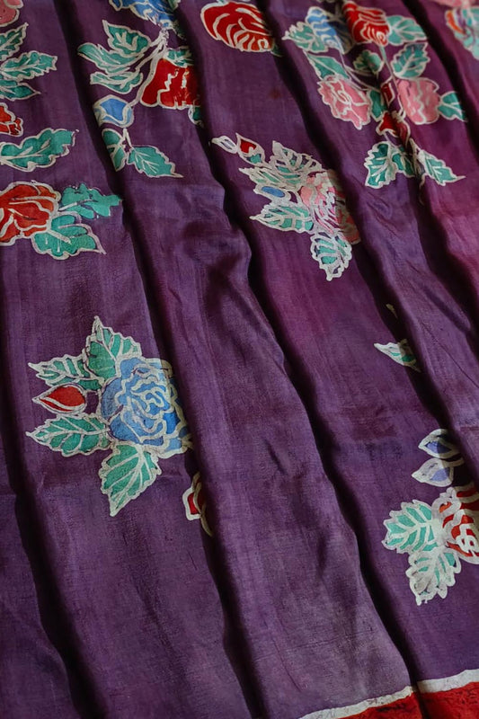 Purple Batik Hand Painted Mulberry Silk Saree - Luxurion World